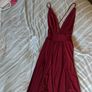 Low V, double slit, long ruby red dress